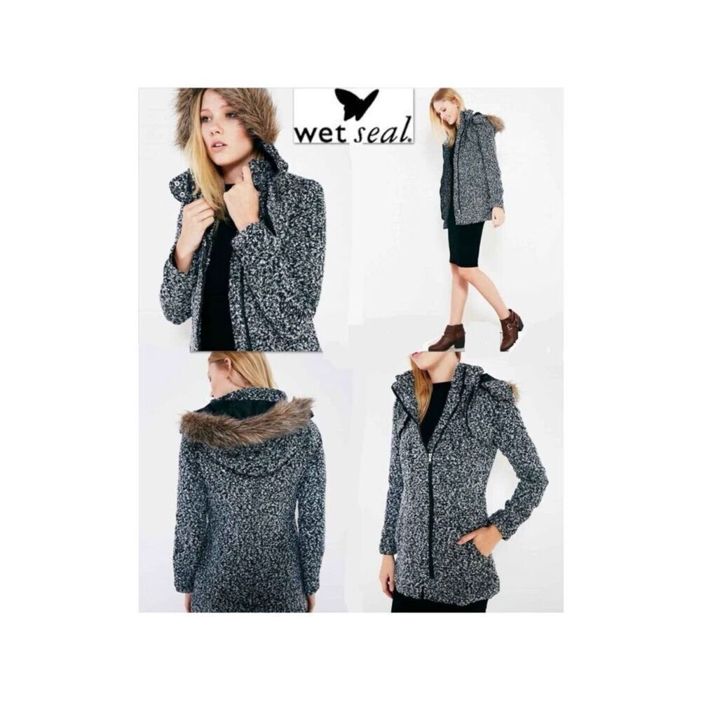 NWT Sz S Wet Seal Fur Wool Coat Hoodie Zipper coat Jacket Black White